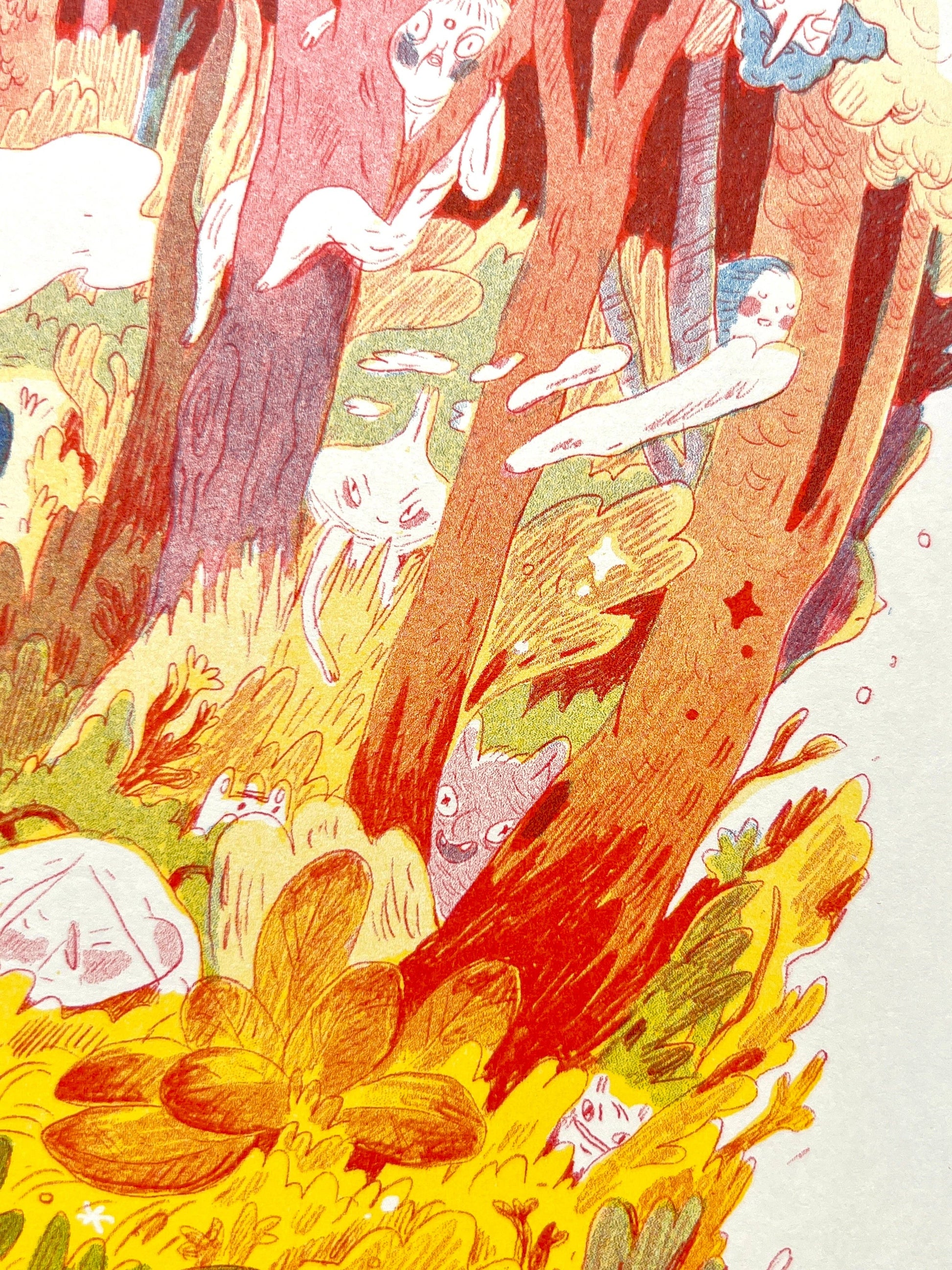 Mamuanna risograph print, Natalie Andrewson riso print, SVA RisoLAB residency art, early risograph artwork, fluorescent pink blue yellow riso, indie printmaker art, narrative comic artwork, vibrant riso illustration, square riso print, collectible risograph art, Los Angeles printmaker, Rogue & Rye artist collection.