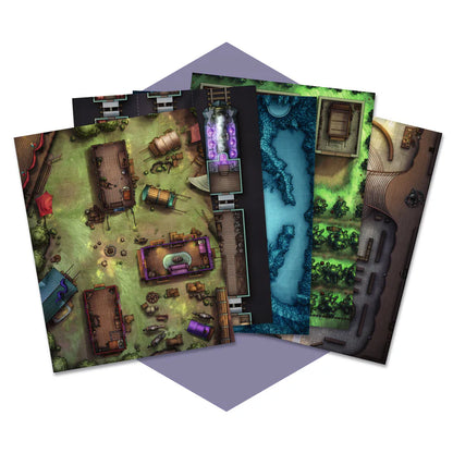 DnD battle maps, fantasy tabletop maps, dry-erase D&D maps, 1-inch grid RPG maps, reusable DnD map set, dungeon map collection, temple map for D&D, city heist RPG maps, digital and physical RPG maps, 17x22 inch battle maps, customizable encounter maps, DnD map library for game masters