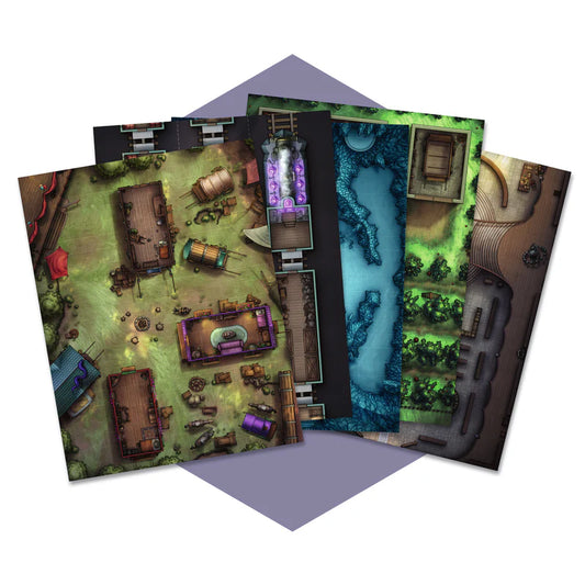 DnD battle maps, fantasy tabletop maps, dry-erase D&D maps, 1-inch grid RPG maps, reusable DnD map set, dungeon map collection, temple map for D&D, city heist RPG maps, digital and physical RPG maps, 17x22 inch battle maps, customizable encounter maps, DnD map library for game masters