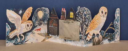 Mark Hearld Silent Flight accordion greeting card opened to show woodland illustrations, owls, and the blank message panel.