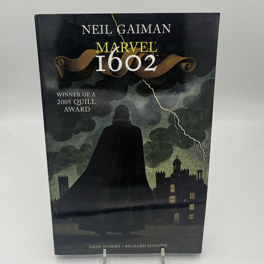 Front cover of the Marvel 1602 trade paperback by Neil Gaiman with artwork by Andy Kubert, published by Marvel Comics.