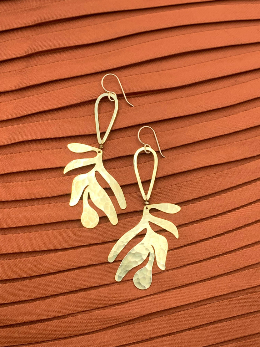 matisse earrings gold, abstract art earrings, modern art inspired jewelry, cutout earrings gold, organic shape statement earrings, gold leaf earrings handmade, hypoallergenic art earrings, artistic brass earrings, matisse cut-out jewelry, lyrical lightweight earrings, creative gold drop earrings, modern boho earrings, sculptural gold earrings, handmade jewelry inspired by matisse, gold-filled ear wire earrings