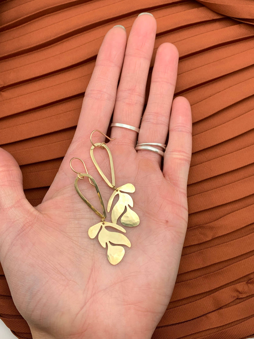 matisse earrings gold, abstract art earrings, modern art inspired jewelry, cutout earrings gold, organic shape statement earrings, gold leaf earrings handmade, hypoallergenic art earrings, artistic brass earrings, matisse cut-out jewelry, lyrical lightweight earrings, creative gold drop earrings, modern boho earrings, sculptural gold earrings, handmade jewelry inspired by matisse, gold-filled ear wire earrings