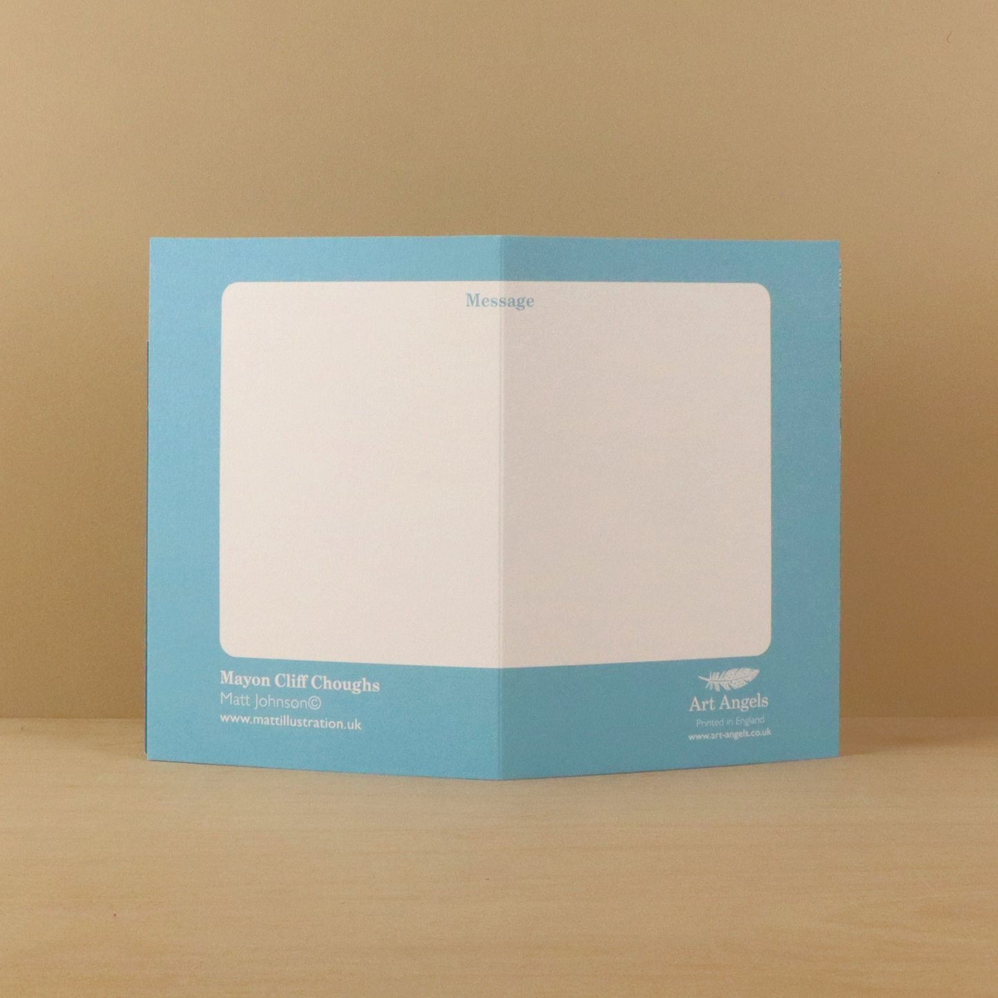 Back of the Matt Johnson Mayon Cliff Choughs greeting card with a blank writing area for a personal message.