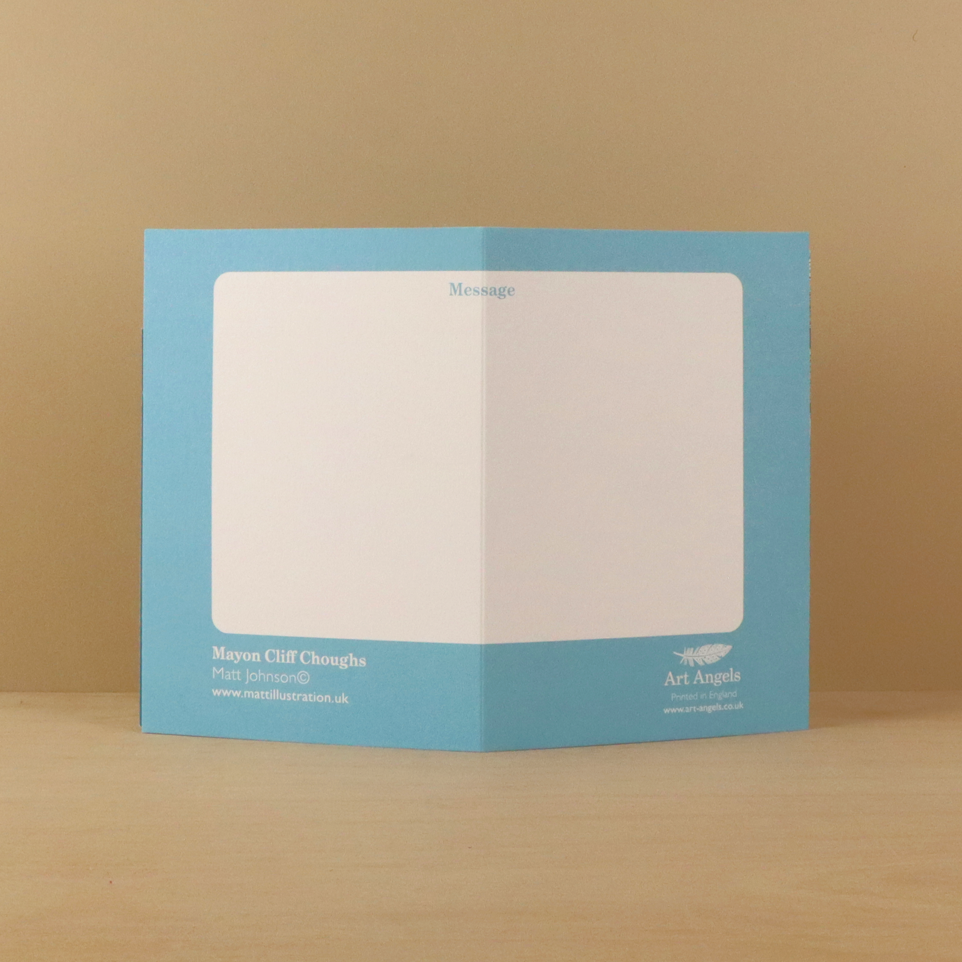 Back of the Matt Johnson Mayon Cliff Choughs greeting card with a blank writing area for a personal message.