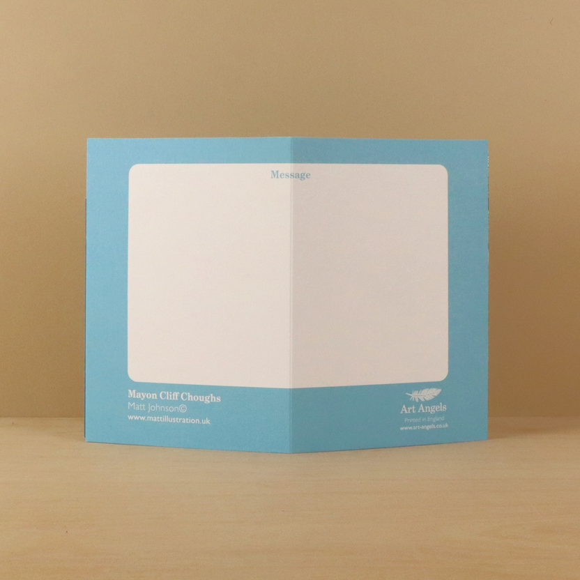 Back of the Matt Johnson Mayon Cliff Choughs greeting card with a blank writing area for a personal message.
