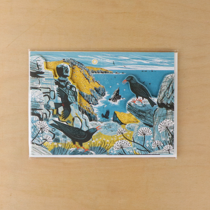 Matt Johnson Mayon Cliff Choughs greeting card packaged in a protective clear sleeve with kraft envelope.