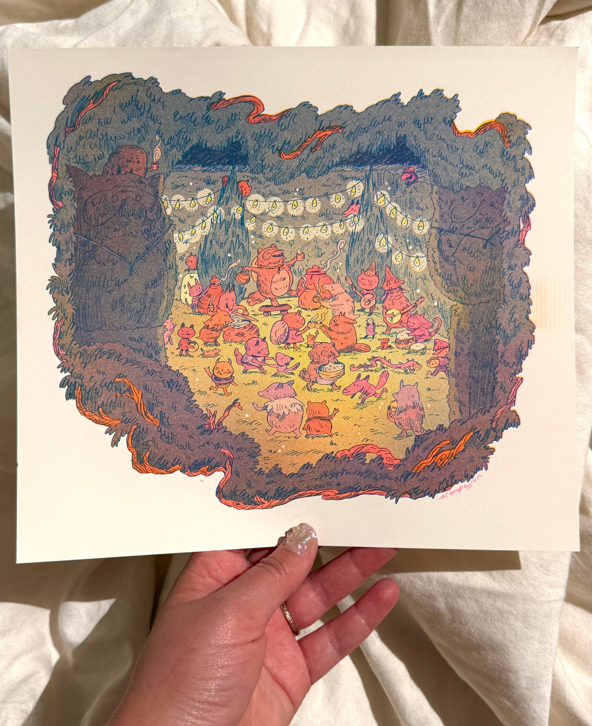 Maze’s End risograph print, Natalie Andrewson print, Magic the Gathering Secret Lair art, Tanuki Commander art print, small riso art, fluorescent riso print, fantasy art print, MTG art collectible, indie printmaker illustration, narrative risograph artwork, vibrant riso wall art, fluorescent ink print, Magic card artist print, Rogue & Rye art collection.