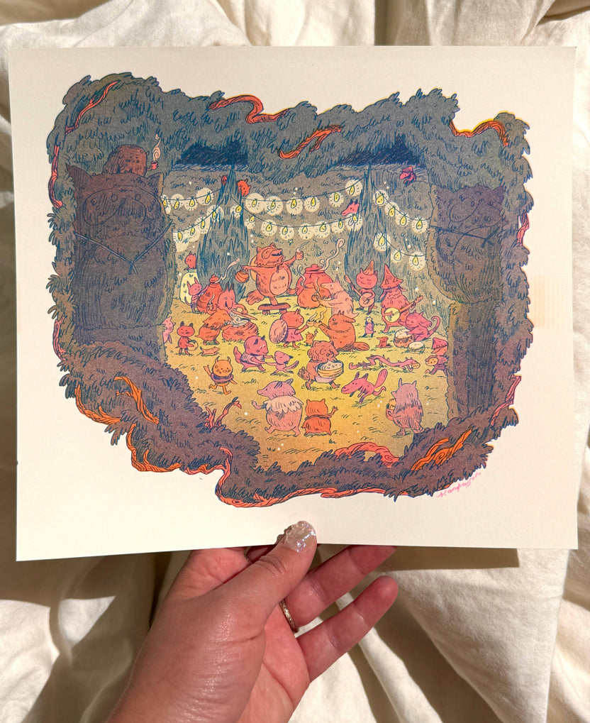 Maze’s End risograph print, Natalie Andrewson print, Magic the Gathering Secret Lair art, Tanuki Commander art print, small riso art, fluorescent riso print, fantasy art print, MTG art collectible, indie printmaker illustration, narrative risograph artwork, vibrant riso wall art, fluorescent ink print, Magic card artist print, Rogue & Rye art collection.