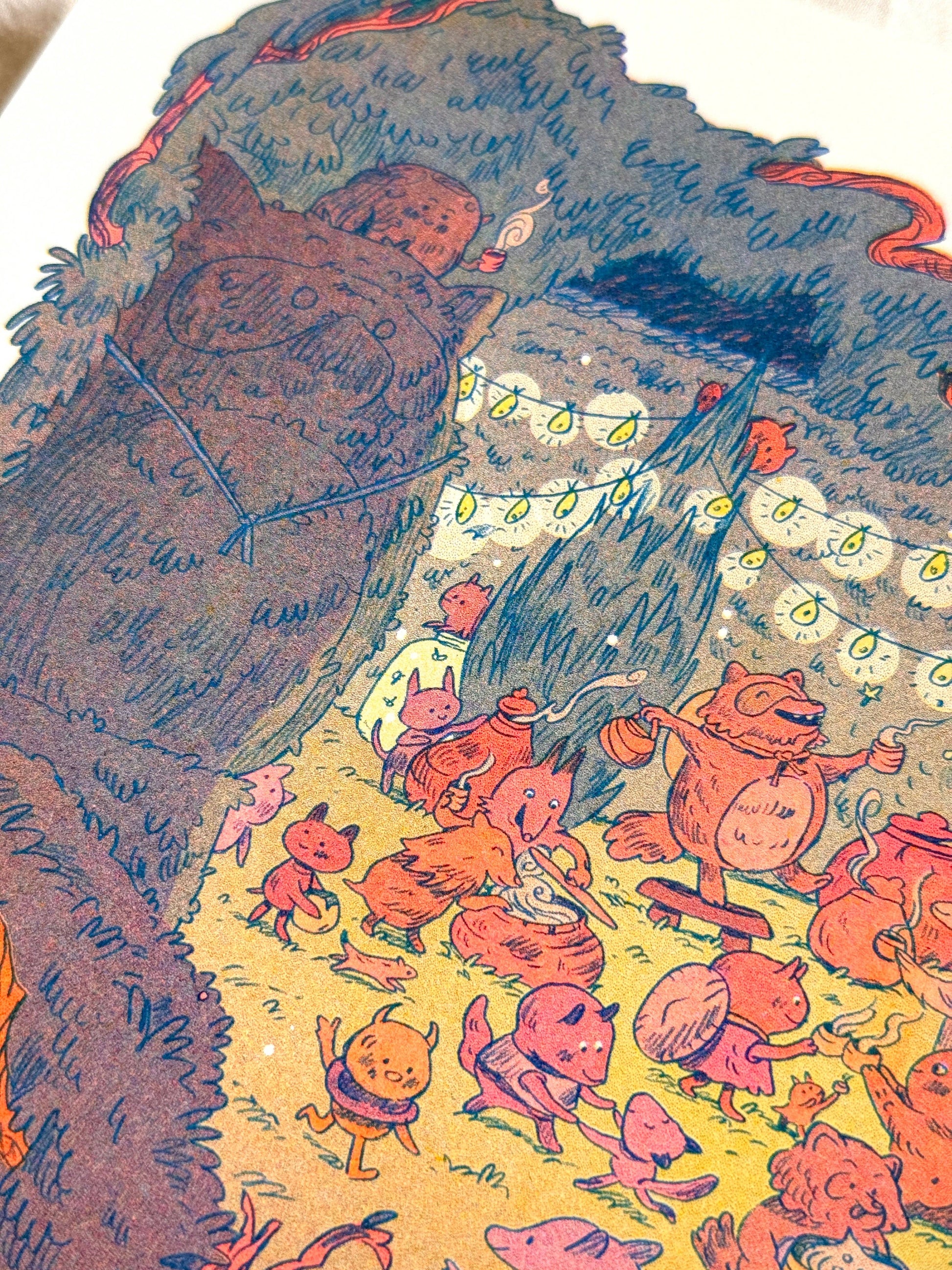 Maze’s End risograph print, Natalie Andrewson print, Magic the Gathering Secret Lair art, Tanuki Commander art print, small riso art, fluorescent riso print, fantasy art print, MTG art collectible, indie printmaker illustration, narrative risograph artwork, vibrant riso wall art, fluorescent ink print, Magic card artist print, Rogue & Rye art collection.