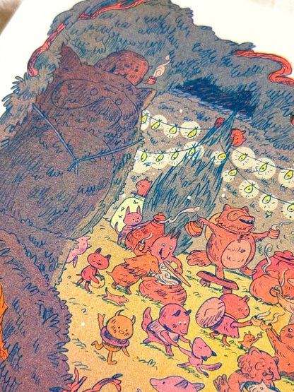 Maze’s End risograph print, Natalie Andrewson print, Magic the Gathering Secret Lair art, Tanuki Commander art print, small riso art, fluorescent riso print, fantasy art print, MTG art collectible, indie printmaker illustration, narrative risograph artwork, vibrant riso wall art, fluorescent ink print, Magic card artist print, Rogue & Rye art collection.