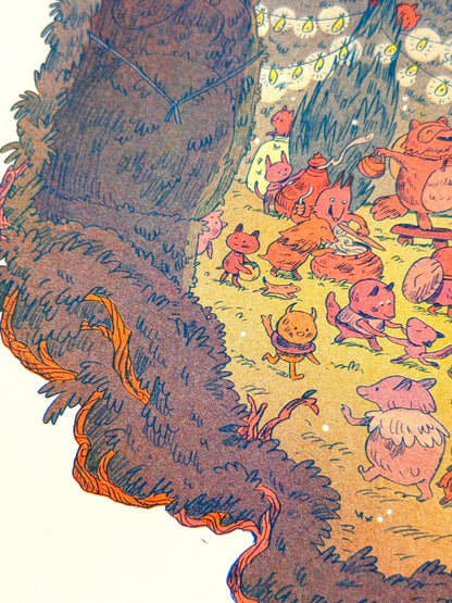 Maze’s End risograph print, Natalie Andrewson print, Magic the Gathering Secret Lair art, Tanuki Commander art print, small riso art, fluorescent riso print, fantasy art print, MTG art collectible, indie printmaker illustration, narrative risograph artwork, vibrant riso wall art, fluorescent ink print, Magic card artist print, Rogue & Rye art collection.