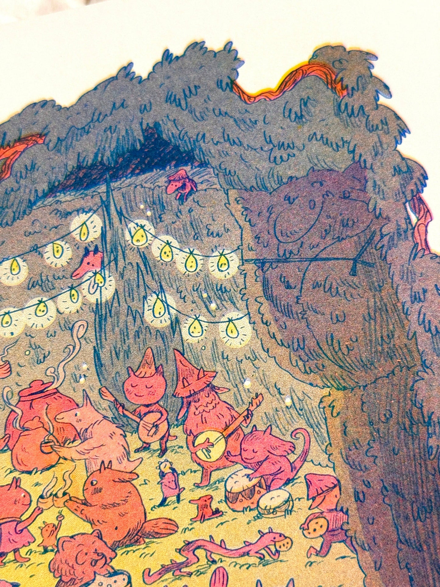 Maze’s End risograph print, Natalie Andrewson print, Magic the Gathering Secret Lair art, Tanuki Commander art print, small riso art, fluorescent riso print, fantasy art print, MTG art collectible, indie printmaker illustration, narrative risograph artwork, vibrant riso wall art, fluorescent ink print, Magic card artist print, Rogue & Rye art collection.