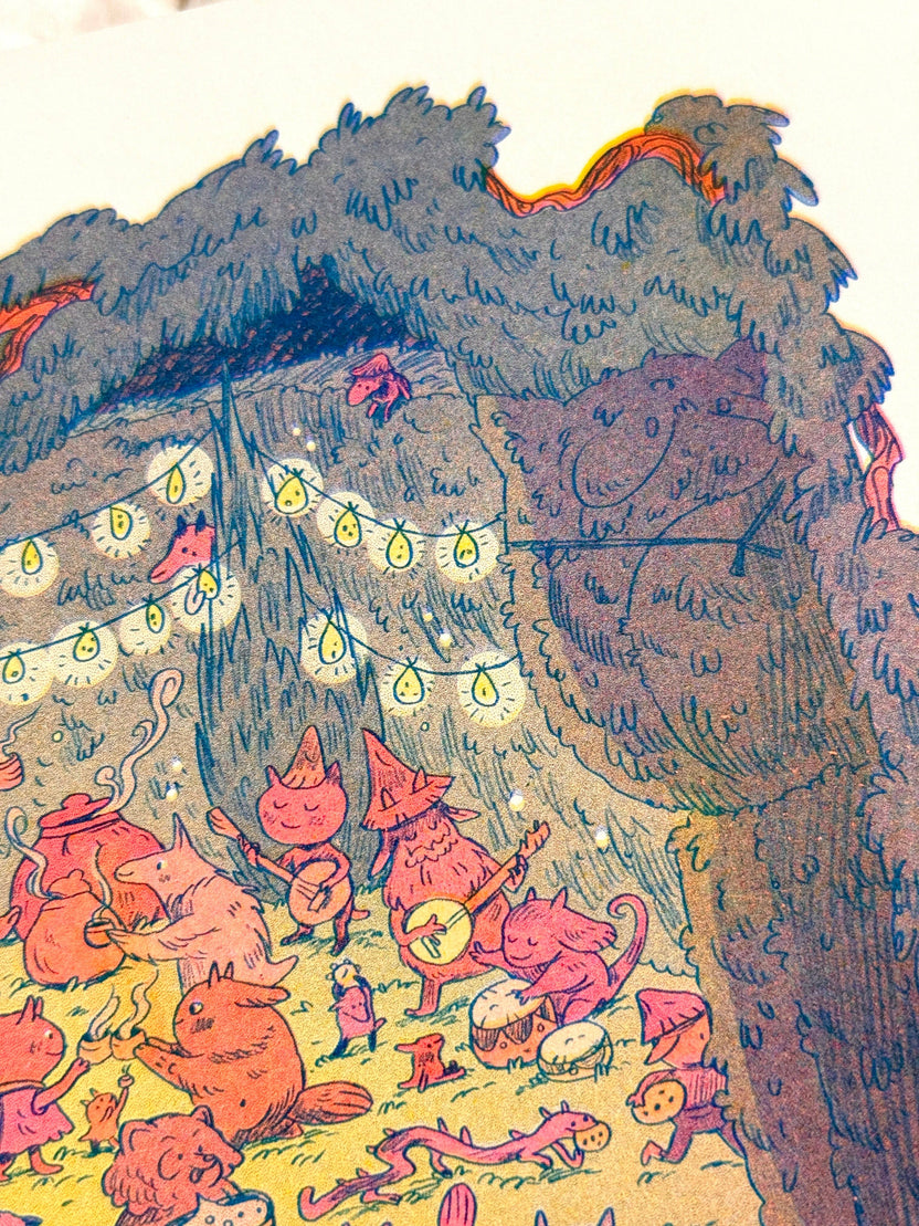 Maze’s End risograph print, Natalie Andrewson print, Magic the Gathering Secret Lair art, Tanuki Commander art print, small riso art, fluorescent riso print, fantasy art print, MTG art collectible, indie printmaker illustration, narrative risograph artwork, vibrant riso wall art, fluorescent ink print, Magic card artist print, Rogue & Rye art collection.