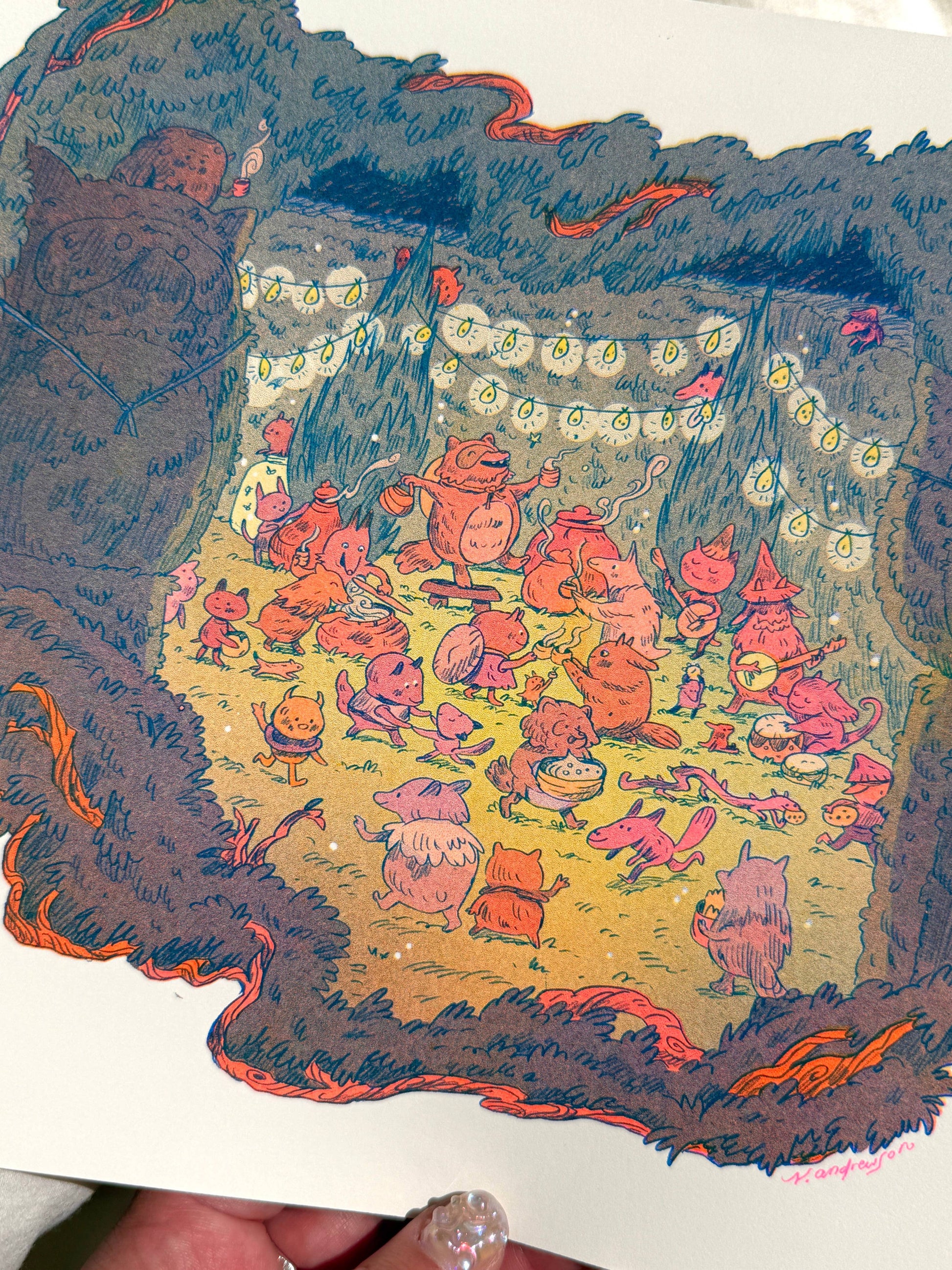 Maze’s End risograph print, Natalie Andrewson print, Magic the Gathering Secret Lair art, Tanuki Commander art print, small riso art, fluorescent riso print, fantasy art print, MTG art collectible, indie printmaker illustration, narrative risograph artwork, vibrant riso wall art, fluorescent ink print, Magic card artist print, Rogue & Rye art collection.