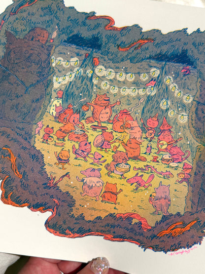 Maze’s End risograph print, Natalie Andrewson print, Magic the Gathering Secret Lair art, Tanuki Commander art print, small riso art, fluorescent riso print, fantasy art print, MTG art collectible, indie printmaker illustration, narrative risograph artwork, vibrant riso wall art, fluorescent ink print, Magic card artist print, Rogue & Rye art collection.