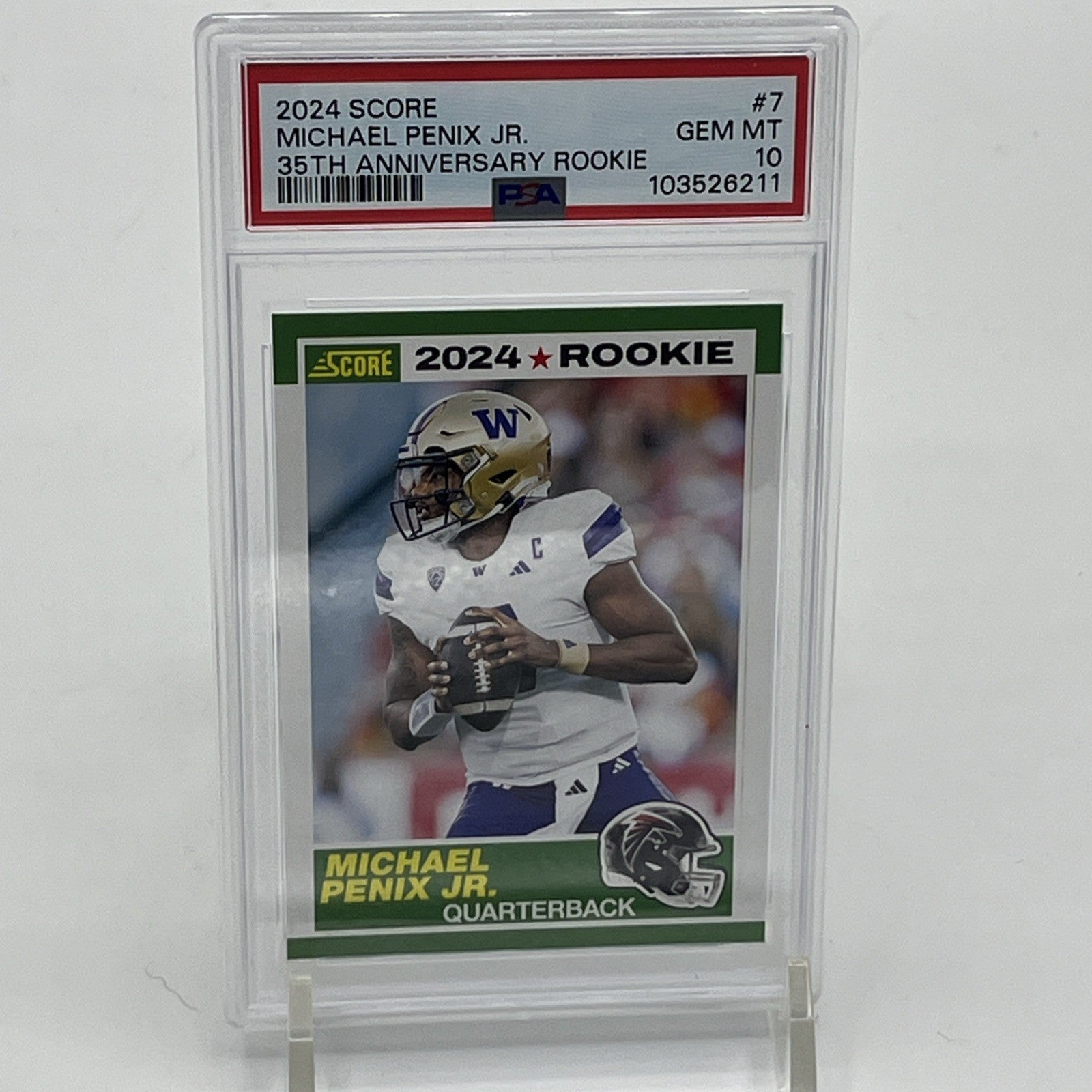 2024 Score - 35th Anniversary Rookie Michael Penix Jr. #7 (RC) PSA 10 Michael Penix Jr rookie card, 2024 Score football PSA 10, 35th Anniversary Score card, Atlanta Falcons rookie QB, Michael Penix Jr PSA 10 RC, NFL rookie trading card, Panini Score 2024, Michael Penix Jr collectible, Falcons PSA graded card, Score football 2024 rookie card