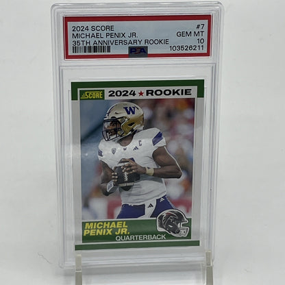 2024 Score - 35th Anniversary Rookie Michael Penix Jr. #7 (RC) PSA 10 Michael Penix Jr rookie card, 2024 Score football PSA 10, 35th Anniversary Score card, Atlanta Falcons rookie QB, Michael Penix Jr PSA 10 RC, NFL rookie trading card, Panini Score 2024, Michael Penix Jr collectible, Falcons PSA graded card, Score football 2024 rookie card