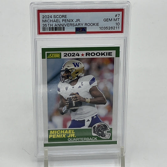 2024 Score - 35th Anniversary Rookie Michael Penix Jr. #7 (RC) PSA 10 Michael Penix Jr rookie card, 2024 Score football PSA 10, 35th Anniversary Score card, Atlanta Falcons rookie QB, Michael Penix Jr PSA 10 RC, NFL rookie trading card, Panini Score 2024, Michael Penix Jr collectible, Falcons PSA graded card, Score football 2024 rookie card