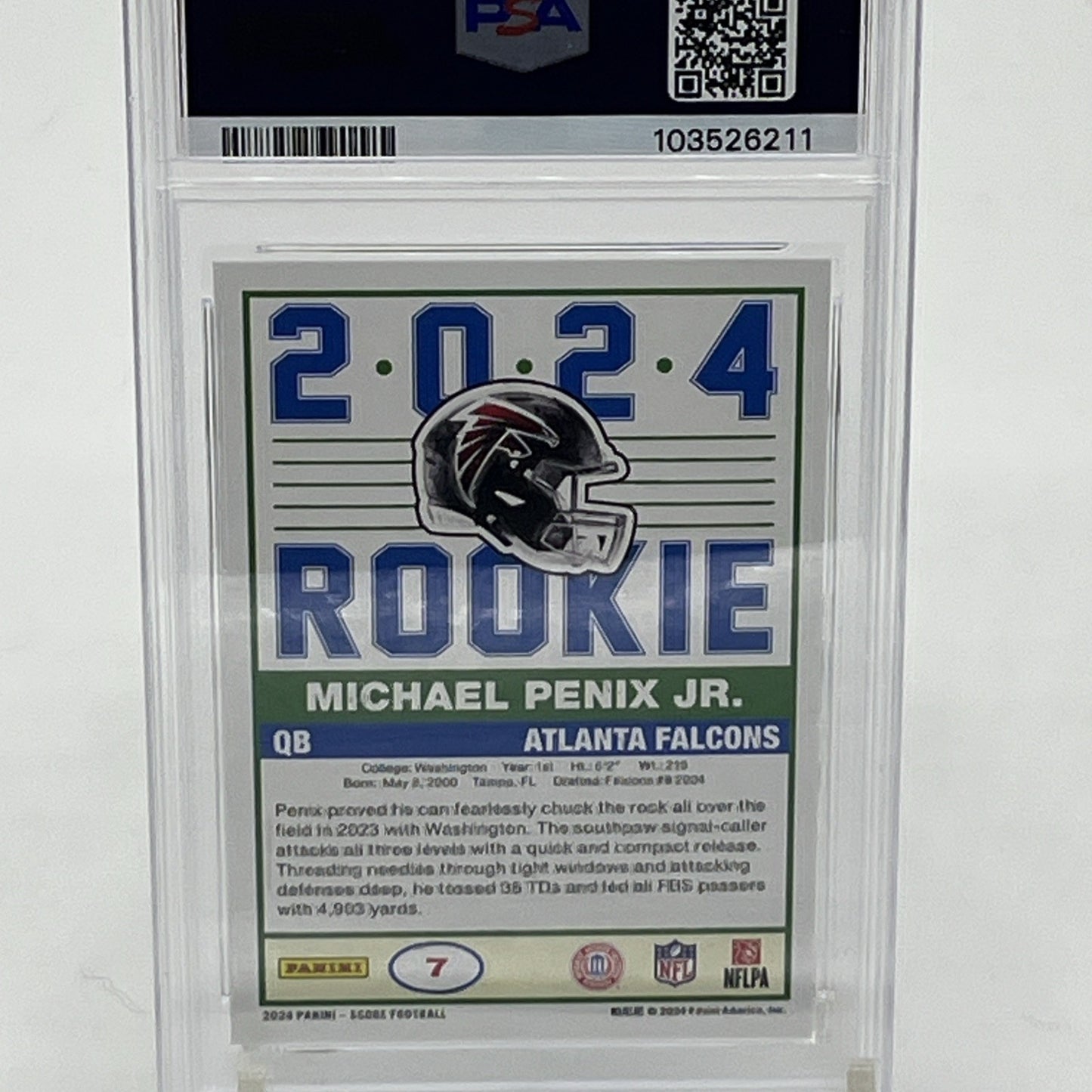 2024 Score - 35th Anniversary Rookie Michael Penix Jr. #7 (RC) PSA 10 Michael Penix Jr rookie card, 2024 Score football PSA 10, 35th Anniversary Score card, Atlanta Falcons rookie QB, Michael Penix Jr PSA 10 RC, NFL rookie trading card, Panini Score 2024, Michael Penix Jr collectible, Falcons PSA graded card, Score football 2024 rookie card