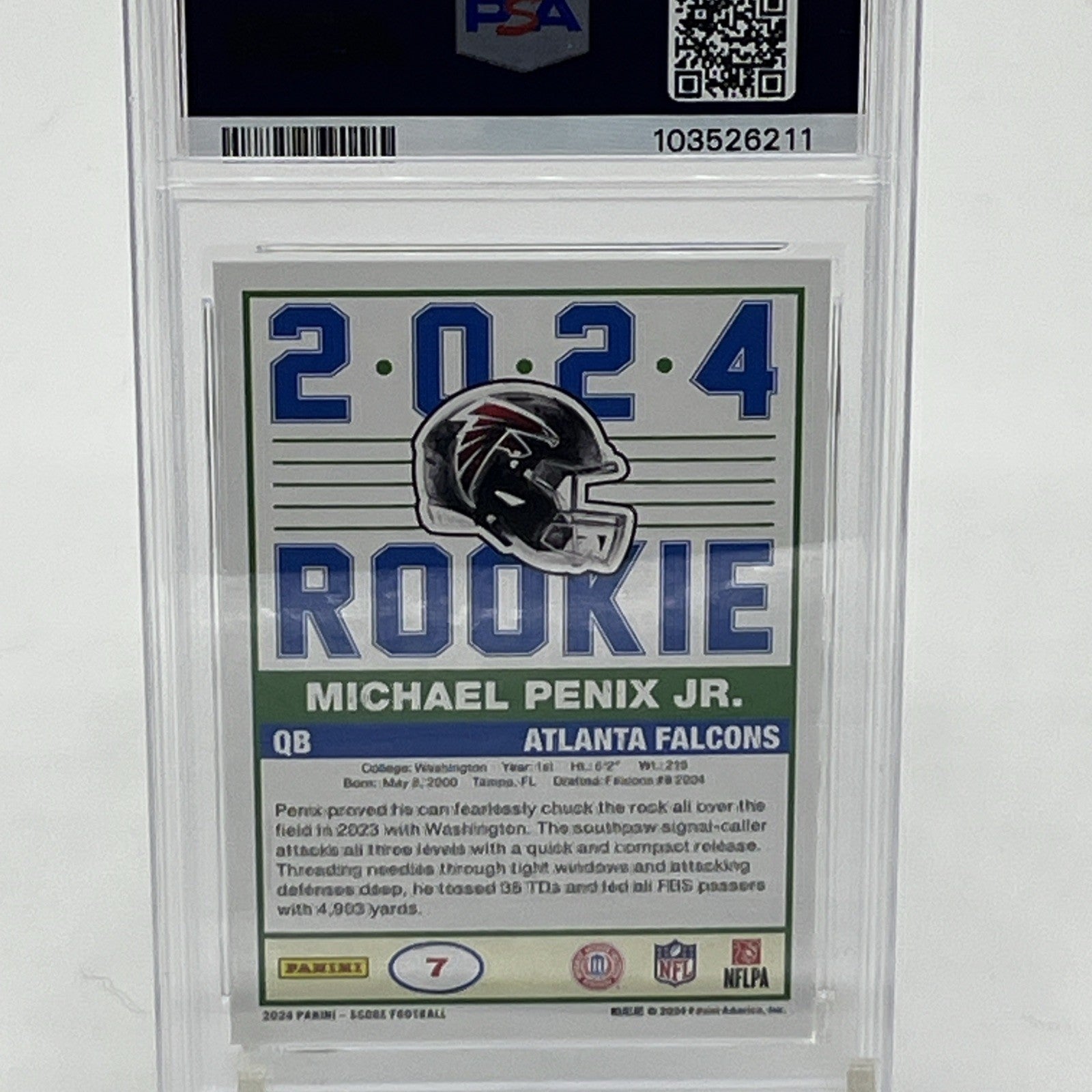 2024 Score - 35th Anniversary Rookie Michael Penix Jr. #7 (RC) PSA 10 Michael Penix Jr rookie card, 2024 Score football PSA 10, 35th Anniversary Score card, Atlanta Falcons rookie QB, Michael Penix Jr PSA 10 RC, NFL rookie trading card, Panini Score 2024, Michael Penix Jr collectible, Falcons PSA graded card, Score football 2024 rookie card
