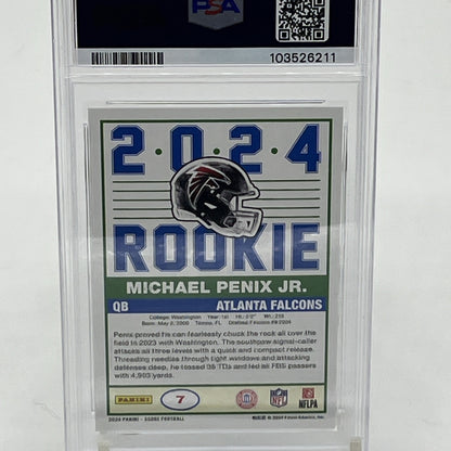 2024 Score - 35th Anniversary Rookie Michael Penix Jr. #7 (RC) PSA 10 Michael Penix Jr rookie card, 2024 Score football PSA 10, 35th Anniversary Score card, Atlanta Falcons rookie QB, Michael Penix Jr PSA 10 RC, NFL rookie trading card, Panini Score 2024, Michael Penix Jr collectible, Falcons PSA graded card, Score football 2024 rookie card