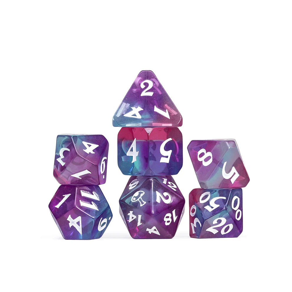 Caduceus Clay dice set, Critical Role Caduceus dice, Mighty Nein dice, mushroom d20 icon, translucent purple pink teal dice, Taliesin Jaffe character dice, DnD polyhedral dice set, Critical Role official dice, Die Hard Dice Critical Role, fantasy RPG dice set