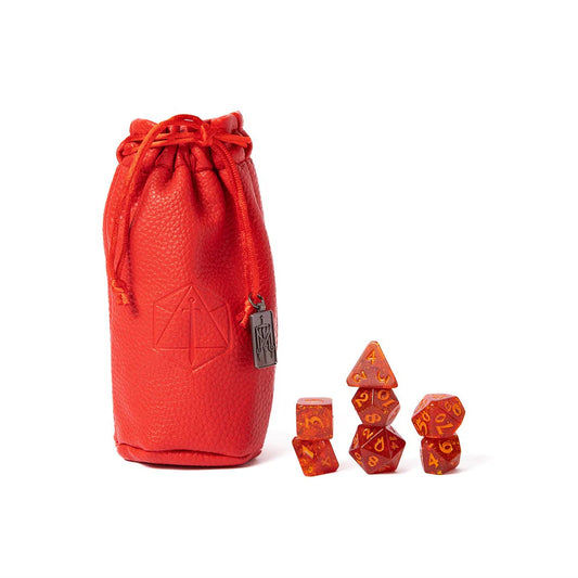 Caleb Widogast dice set, Critical Role Mighty Nein dice, translucent orange DnD dice, flame icon d20, resin polyhedral dice set, Liam O'Brien character dice, Mighty Nein character dice, Critical Role official dice set, fantasy RPG dice, Die Hard Dice collaboration