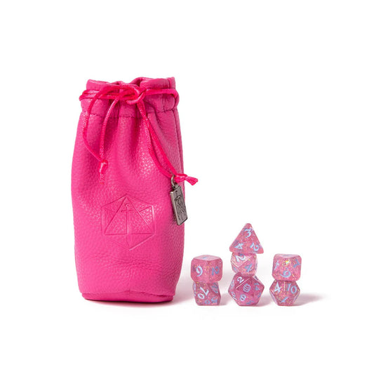 Jester Lavorre dice set, Critical Role Jester dice, Mighty Nein dice, cupcake d20 icon, translucent pink dice with rainbow flakes, Laura Bailey dice set, Critical Role official dice, Die Hard Dice set, DnD polyhedral dice, fantasy RPG dice set