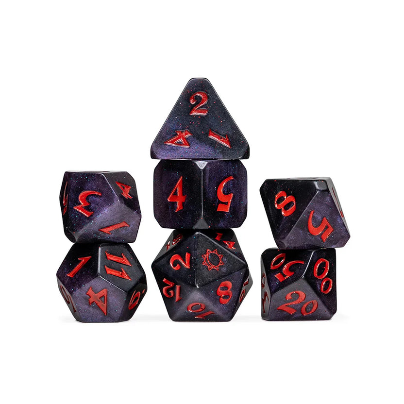 Mollymauk Tealeaf dice set, Critical Role Mollymauk dice, Mighty Nein dice, sun and moon d20 icon, purple and black glitter dice, Taliesin Jaffe dice set, Critical Role official dice, Die Hard Dice partnership, fantasy RPG dice set, DnD polyhedral dice
