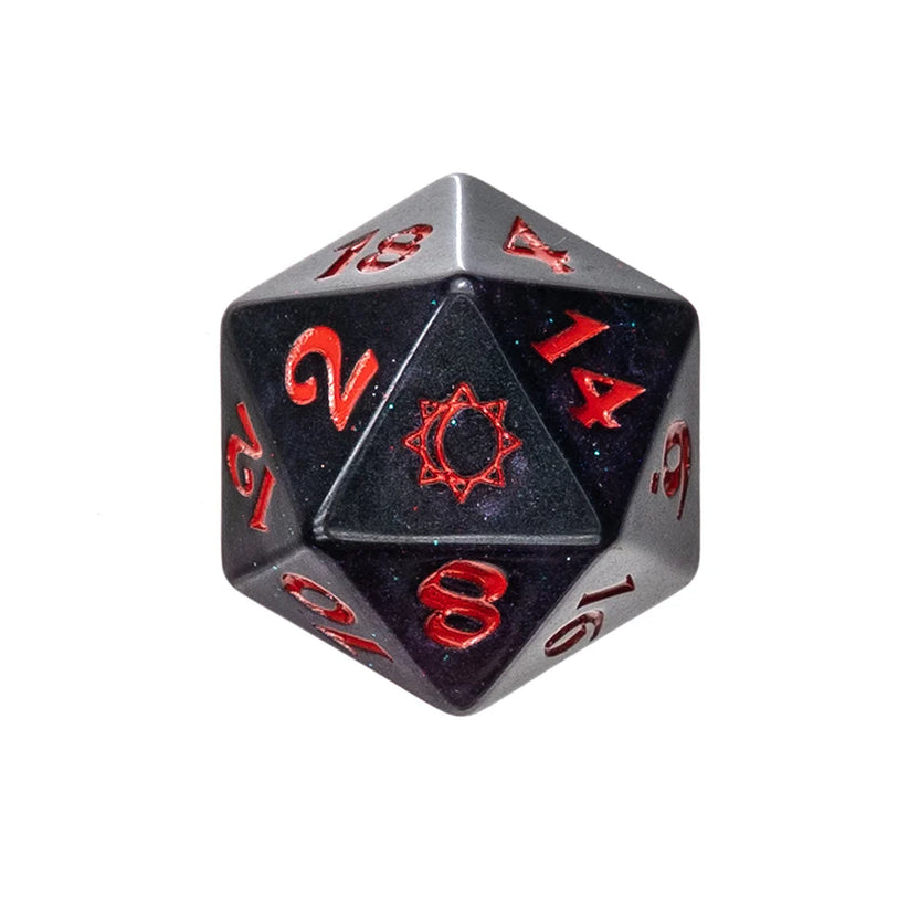 Mollymauk Tealeaf dice set, Critical Role Mollymauk dice, Mighty Nein dice, sun and moon d20 icon, purple and black glitter dice, Taliesin Jaffe dice set, Critical Role official dice, Die Hard Dice partnership, fantasy RPG dice set, DnD polyhedral dice