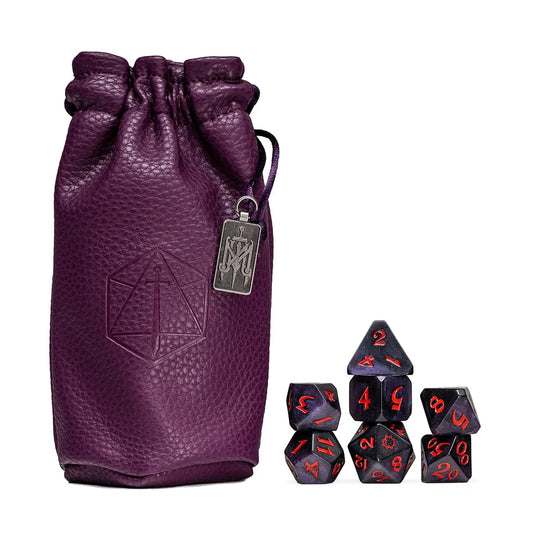 Mollymauk Tealeaf dice set, Critical Role Mollymauk dice, Mighty Nein dice, sun and moon d20 icon, purple and black glitter dice, Taliesin Jaffe dice set, Critical Role official dice, Die Hard Dice partnership, fantasy RPG dice set, DnD polyhedral dice