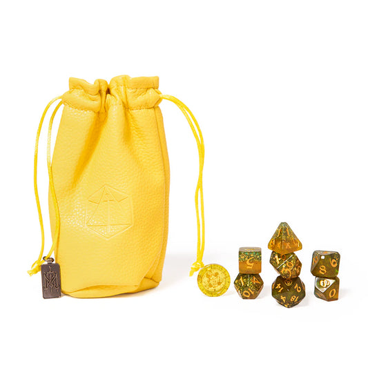 Nott the Brave dice set, Mighty Nein Critical Role dice, goblin-themed DnD dice, translucent green polyhedral dice, gold inked D20, Critical Role official dice, DnD dice with bronze specks, mask icon dice, Sam Riegel character dice, d2 button dice accessory