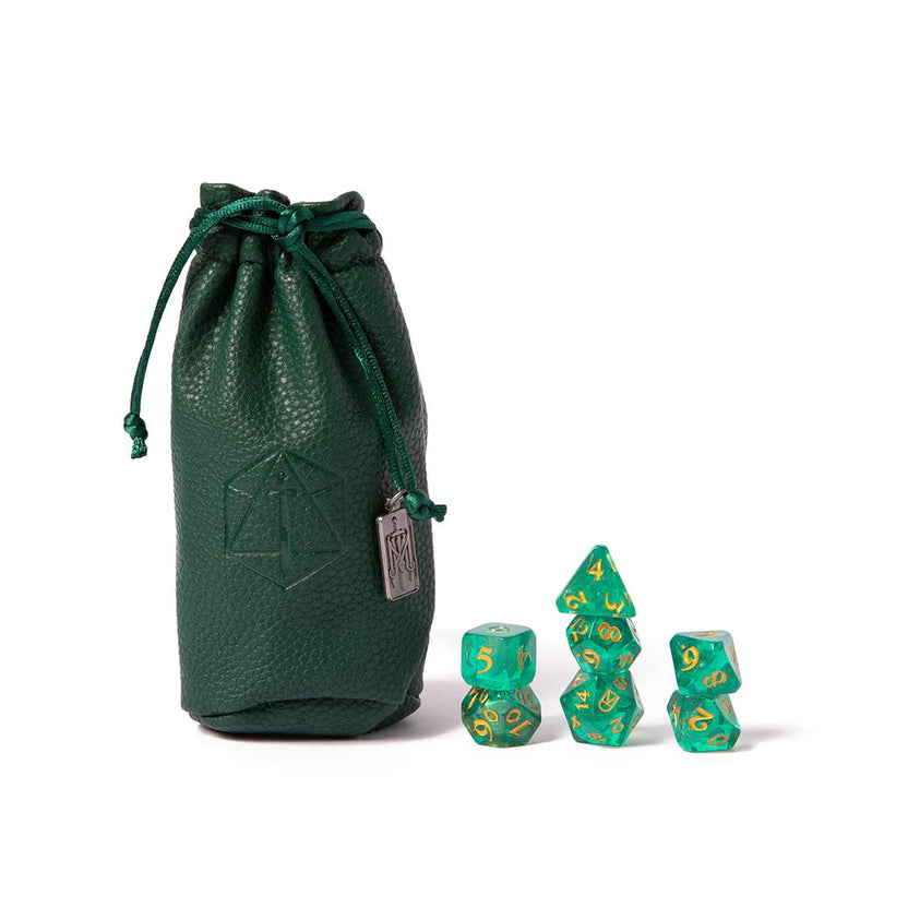 The Traveler dice set, Mighty Nein Critical Role dice, translucent green polyhedral dice, gold inked DnD dice, arched doorway icon D20, official Critical Role dice, Die Hard Dice set, Traveler Con dice, Matthew Mercer NPC dice, trickster DnD dice set