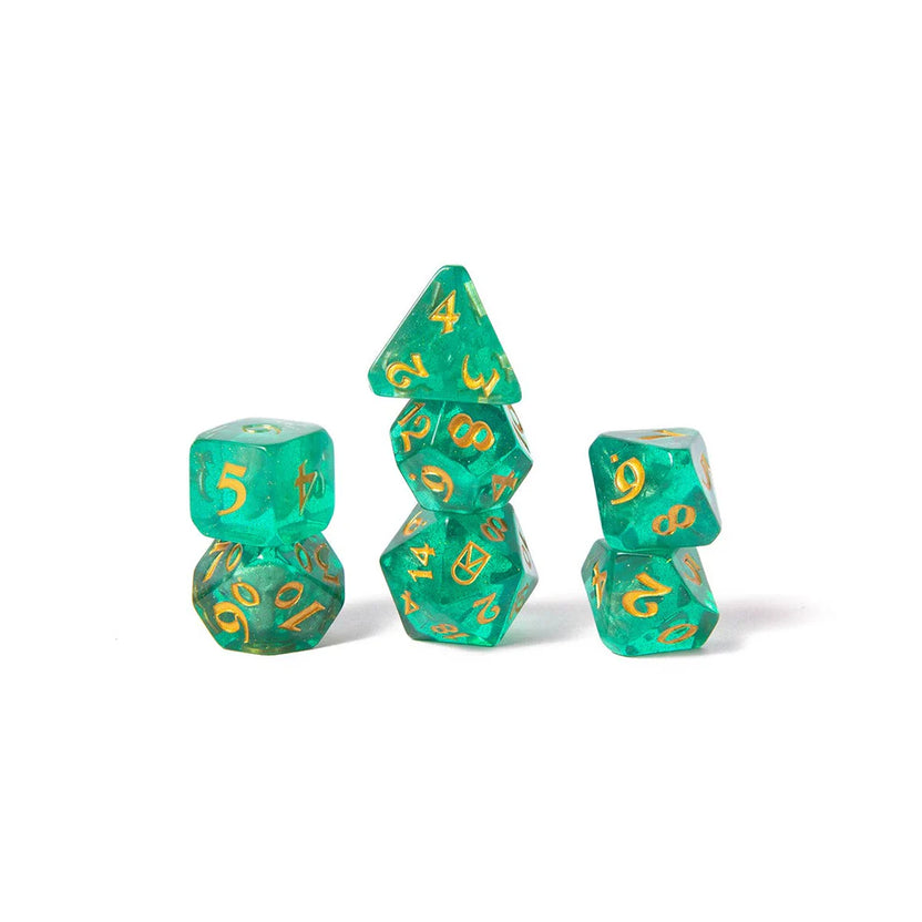The Traveler dice set, Mighty Nein Critical Role dice, translucent green polyhedral dice, gold inked DnD dice, arched doorway icon D20, official Critical Role dice, Die Hard Dice set, Traveler Con dice, Matthew Mercer NPC dice, trickster DnD dice set
