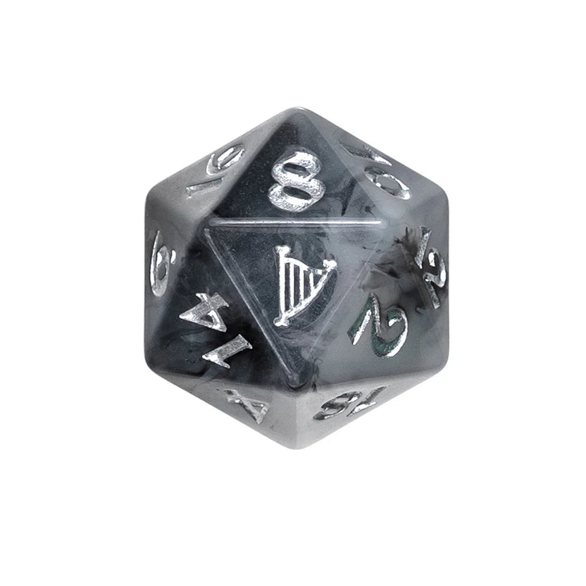 Yasha Nydoorin dice set, Critical Role Yasha dice, Mighty Nein polyhedral dice, bone harp d20 icon, cloudy gray dice set, Critical Role official merchandise, Ashley Johnson character dice, Die Hard Dice Mighty Nein, DnD Yasha dice set, Critical Role campaign 2 dice