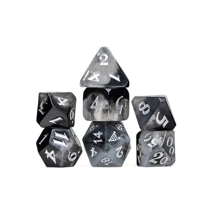 Yasha Nydoorin dice set, Critical Role Yasha dice, Mighty Nein polyhedral dice, bone harp d20 icon, cloudy gray dice set, Critical Role official merchandise, Ashley Johnson character dice, Die Hard Dice Mighty Nein, DnD Yasha dice set, Critical Role campaign 2 dice