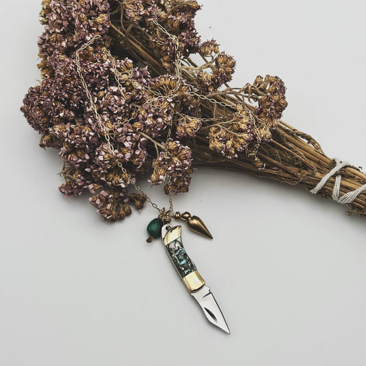 mini knife necklace abalone, abalone pocket knife pendant, functional knife jewelry, tiny blade necklace, sterling silver knife necklace, abalone and turquoise necklace, brass point knife pendant, real knife necklace jewelry, compact blade necklace, mini knife for women, clever jewelry gift, small pocket knife necklace, ocean abalone jewelry, adventurer necklace, edgy turquoise necklace