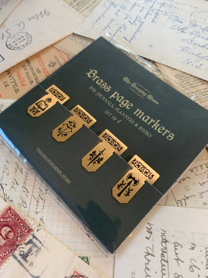 brass page markers, metal bookmarks, mini brass bookmarks, journal accessories, planner bookmarks, reusable bookmarks, aesthetic stationery, brass stationery gifts, book lover gifts, thin metal page markers, sketchbook bookmark set, minimalist bookmark set, golden page tabs, durable metal tabs, vintage-inspired book accessories