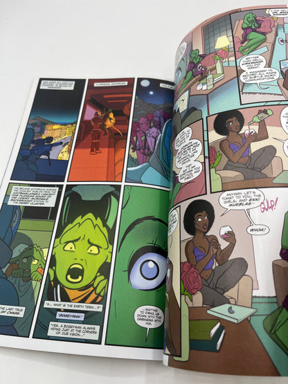 Interior pages from Money Shot Volume 3 featuring full-color comic artwork, character conversations, and science fiction storytelling set across multiple worlds.