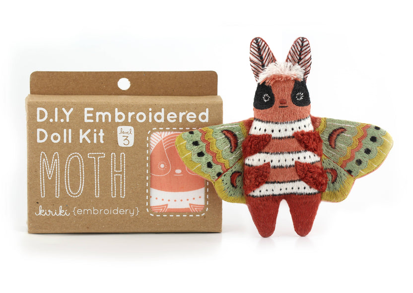 moth embroidery kit, embroidered doll kit, Kiriki Press embroidery, Level 3 embroidery pattern, hand embroidery kit, beginner plushie sewing kit, stitched moth plush, DMC embroidery floss kit, screen printed embroidery, advanced embroidery project