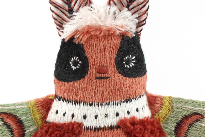 moth embroidery kit, embroidered doll kit, Kiriki Press embroidery, Level 3 embroidery pattern, hand embroidery kit, beginner plushie sewing kit, stitched moth plush, DMC embroidery floss kit, screen printed embroidery, advanced embroidery project