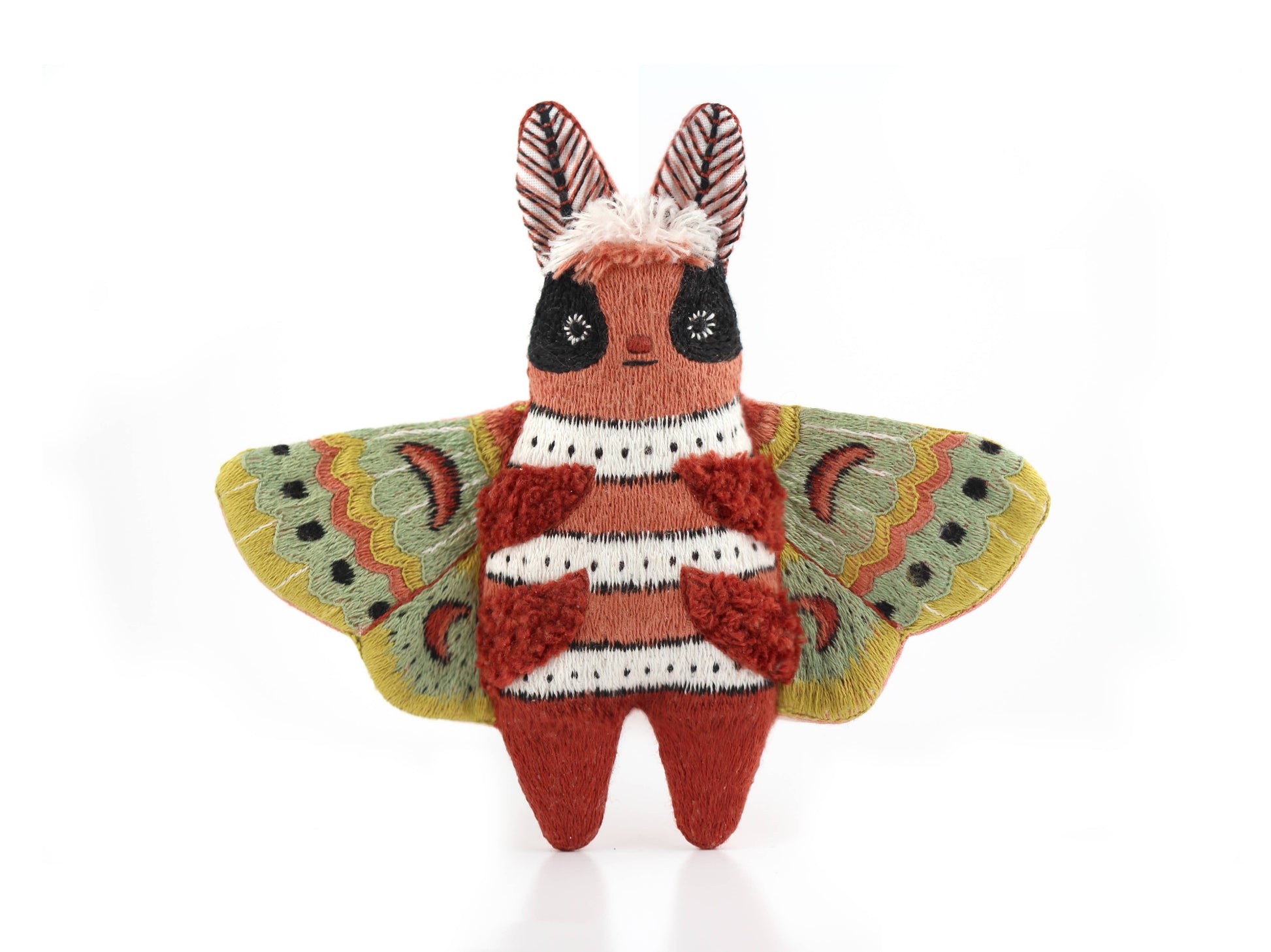 moth embroidery kit, embroidered doll kit, Kiriki Press embroidery, Level 3 embroidery pattern, hand embroidery kit, beginner plushie sewing kit, stitched moth plush, DMC embroidery floss kit, screen printed embroidery, advanced embroidery project