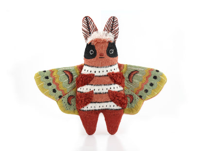 moth embroidery kit, embroidered doll kit, Kiriki Press embroidery, Level 3 embroidery pattern, hand embroidery kit, beginner plushie sewing kit, stitched moth plush, DMC embroidery floss kit, screen printed embroidery, advanced embroidery project