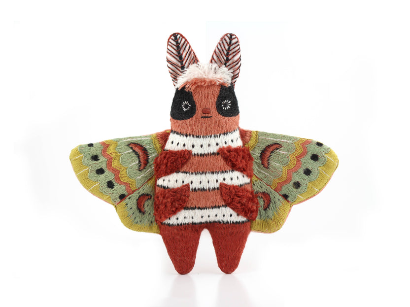 moth embroidery kit, embroidered doll kit, Kiriki Press embroidery, Level 3 embroidery pattern, hand embroidery kit, beginner plushie sewing kit, stitched moth plush, DMC embroidery floss kit, screen printed embroidery, advanced embroidery project
