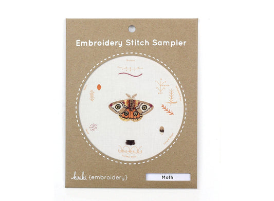moth embroidery sampler, beginner embroidery kit, learn embroidery stitches, moth needlework pattern, embroidery stitch sampler, DMC floss embroidery, printed embroidery guide, embroidery practice kit, modern moth embroidery, hand embroidery starter kit