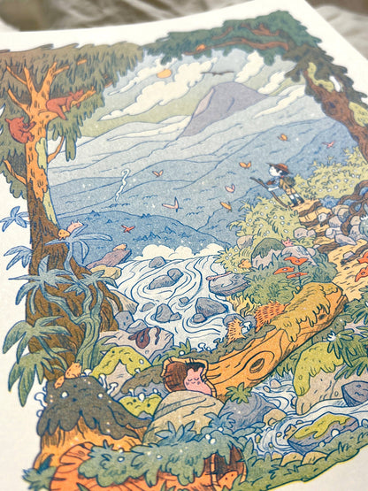 Mountain Dreams risograph print, mountain landscape riso art, Natalie Andrewson riso print, blue fluorescent orange yellow riso, scenic mountain illustration, wanderer wall art, adventure-inspired riso print, indie printmaker artwork, dreamy mountain landscape print, vibrant layered ink art, collectible riso print, Rogue & Rye artist collection.