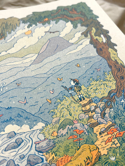 Mountain Dreams risograph print, mountain landscape riso art, Natalie Andrewson riso print, blue fluorescent orange yellow riso, scenic mountain illustration, wanderer wall art, adventure-inspired riso print, indie printmaker artwork, dreamy mountain landscape print, vibrant layered ink art, collectible riso print, Rogue & Rye artist collection.