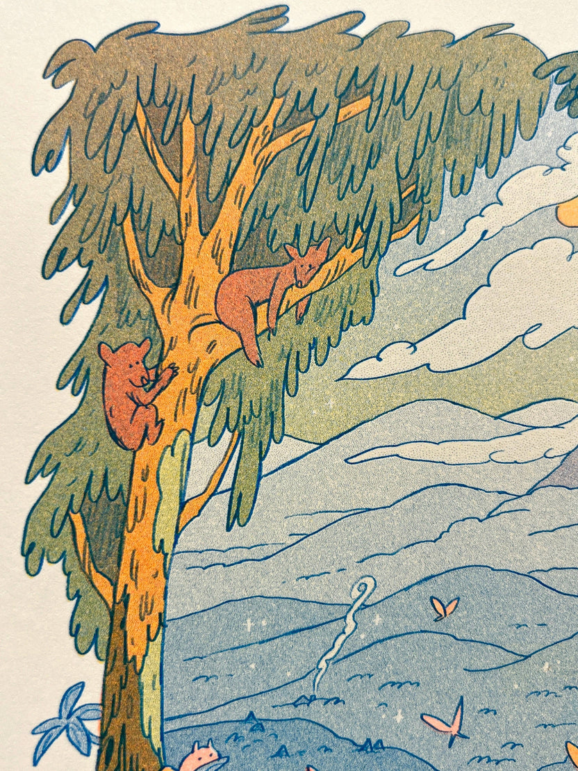 Mountain Dreams risograph print, mountain landscape riso art, Natalie Andrewson riso print, blue fluorescent orange yellow riso, scenic mountain illustration, wanderer wall art, adventure-inspired riso print, indie printmaker artwork, dreamy mountain landscape print, vibrant layered ink art, collectible riso print, Rogue & Rye artist collection.