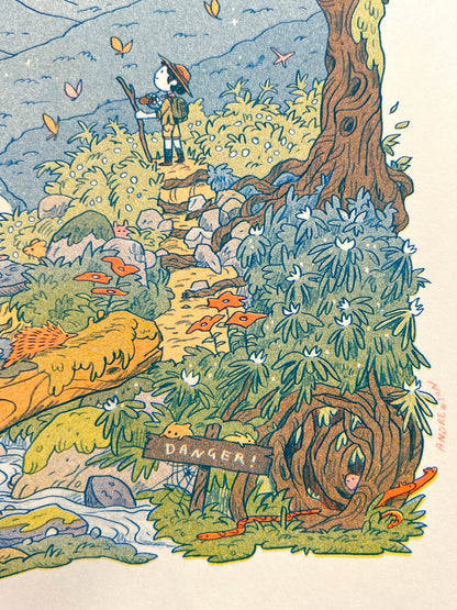 Mountain Dreams risograph print, mountain landscape riso art, Natalie Andrewson riso print, blue fluorescent orange yellow riso, scenic mountain illustration, wanderer wall art, adventure-inspired riso print, indie printmaker artwork, dreamy mountain landscape print, vibrant layered ink art, collectible riso print, Rogue & Rye artist collection.
